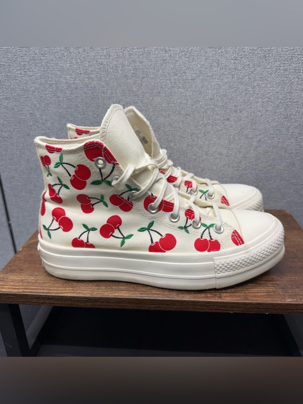 Converse Cream High-Top Canvas Sneakers with Red Cherry Pattern